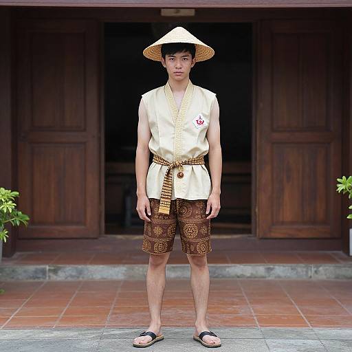 Young Asian man in traditional attire: white sleeveless top, brown patterned shorts, straw hat, black sandals, standing in front of wooden doors.