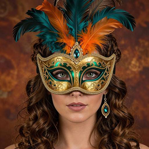 Photograph of a woman with curly brown hair, wearing an ornate gold masquerade mask with teal and orange feathers, turquoise gem earrings, and