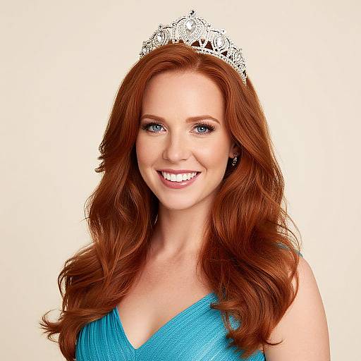 Photograph of a smiling woman with long red hair, wearing a silver tiara and a sparkling blue dress, against a white background.