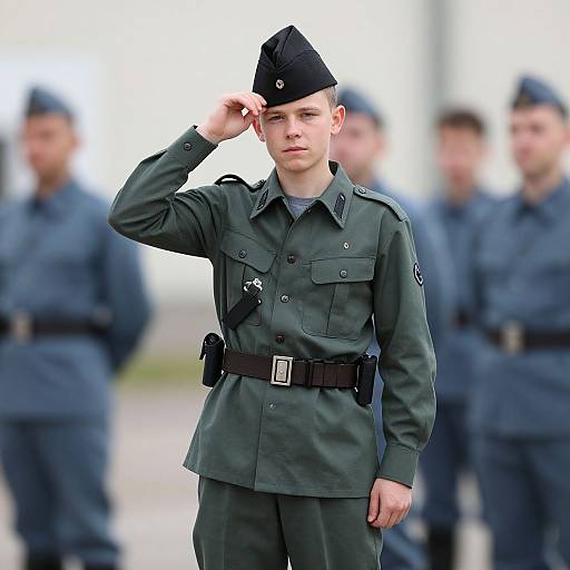 Photograph of a young male soldier saluting, wearing a green uniform and black beret, with blurred male soldiers in blue uniforms in the background.