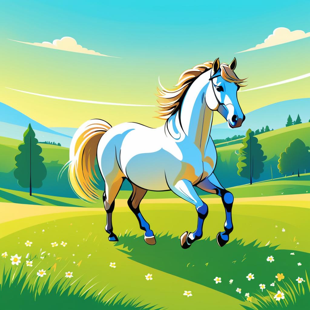 Sunny Meadow with Cartoon Horse Illustration