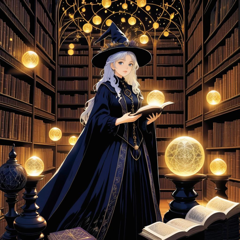 Witch and Familiar in a Mystical Library