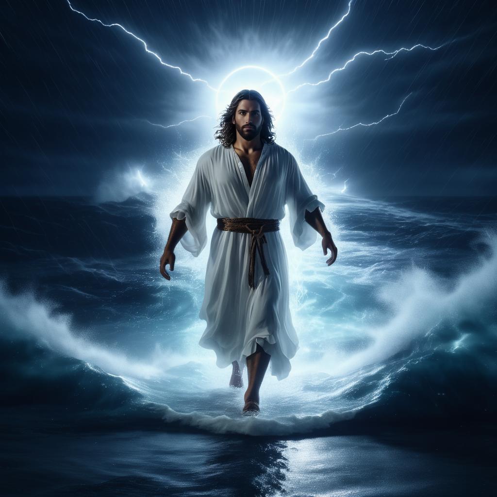 Jesus Walking on Stormy Waters at Night