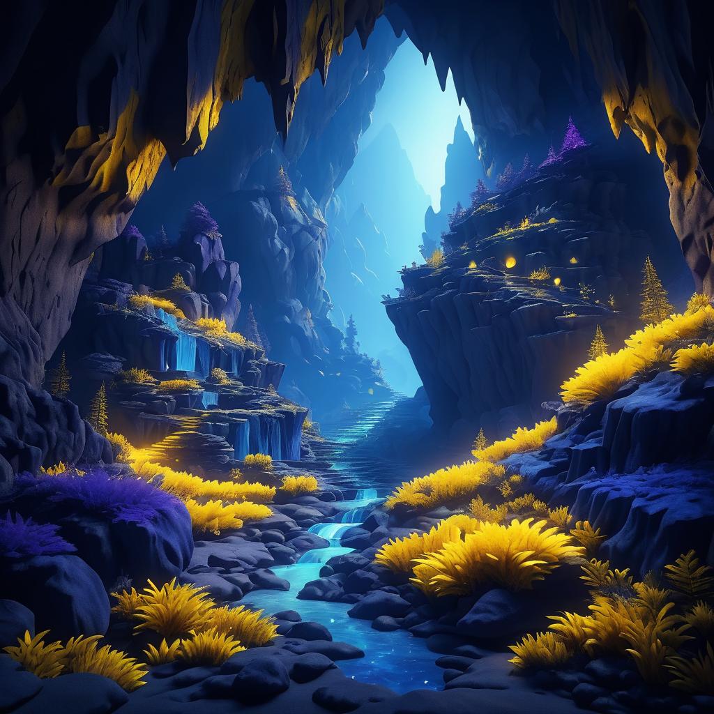 Mystical Mountain Cave Illustration in Indigo