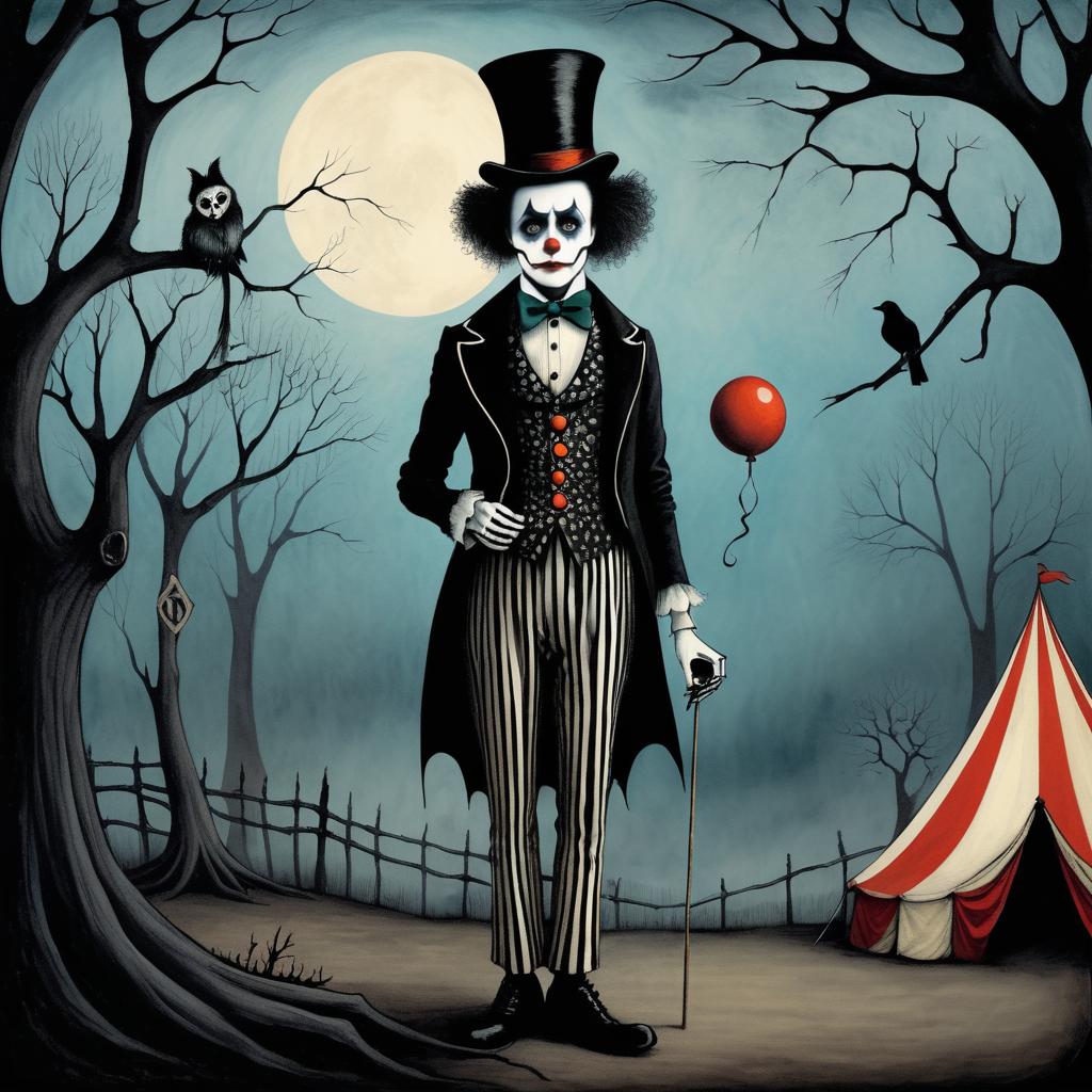 Eerie Whimsical Clown in Gothic Circus