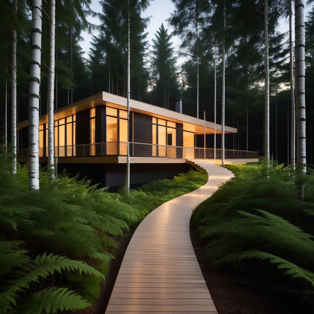 Modern House in Birch Forest at Dusk