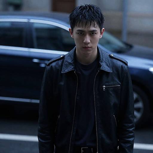 Serious young man in leather jacket on rainy street