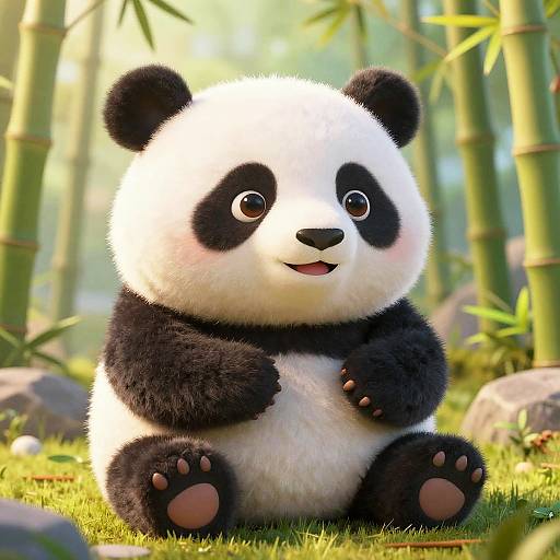 Cute CGI panda with black ears, paws, and face markings, sitting on grass in a sunlit bamboo forest, smiling.