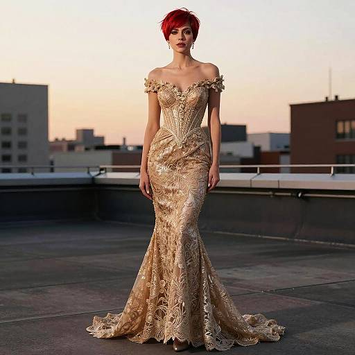 Photograph of a slender woman with short red hair, wearing an off-shoulder, gold lace mermaid gown, standing on a rooftop at sunset