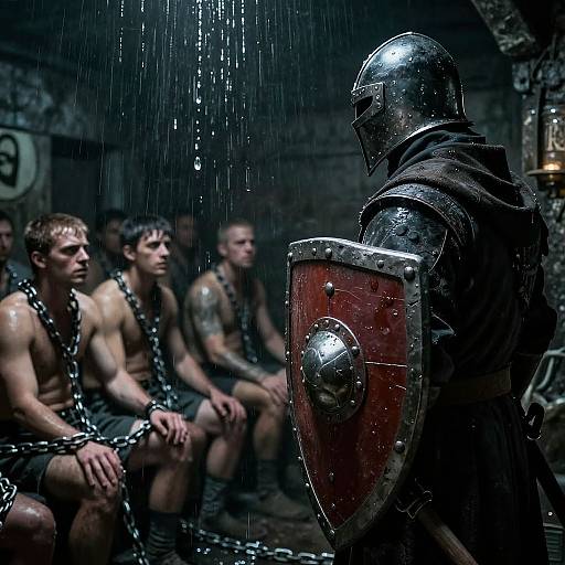 Photograph of a muscular, shirtless man in chains seated in a dark, damp dungeon, while a knight in shining armor with a red shield stands