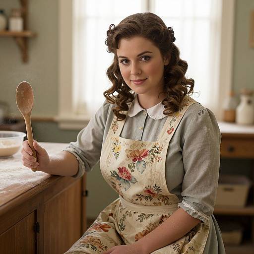 Photograph of a fair-skinned, curly-haired woman in a vintage floral apron and gray dress, holding a wooden spoon in a sunlit kitchen