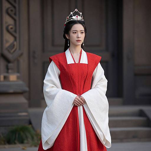 Photograph of an Asian woman in traditional red and white Korean hanbok, wearing a silver crown, standing in front of a wooden temple door.