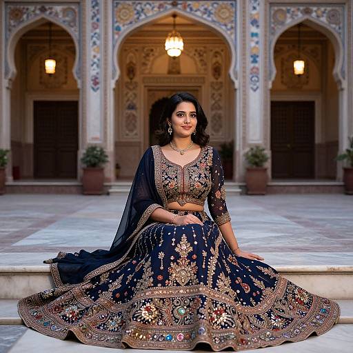 Photograph of a beautiful South Asian woman with dark hair, wearing an ornate black and gold traditional lehenga, sitting in front of a detailed,