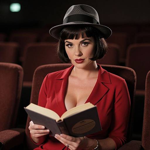 Photograph of a fair-skinned woman with black bob haircut, red lipstick, and black fedora, wearing a red blazer with deep neckline,