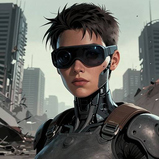 Digital art of a cyberpunk woman with short black hair, large dark sunglasses, and metallic armor, standing in a ruined cityscape.