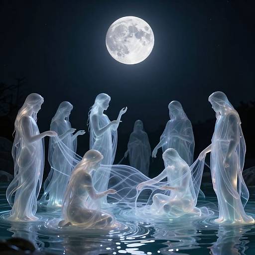 Glowing translucent figures of a nativity scene, illuminated by a full moon, in a dark, watery night scene. Digital artwork.