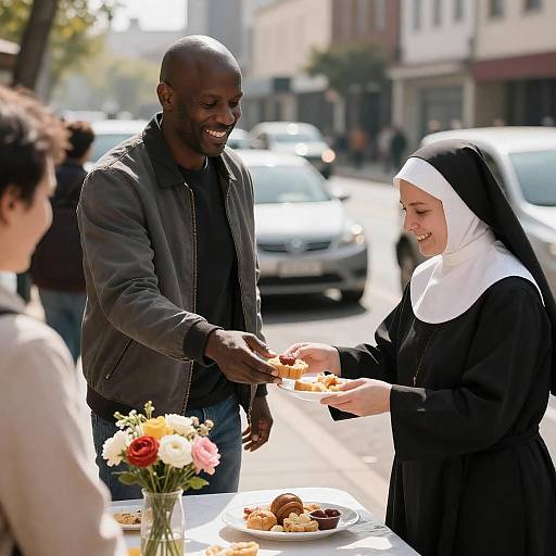 Man Taking Pastry from Nun on City Street