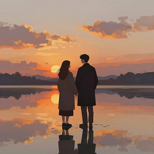 Couple Holding Hands at Sunset Reflected on Water