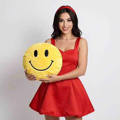 Photograph of a smiling woman with dark hair, wearing a red dress and headband, holding a large yellow smiley face pillow.