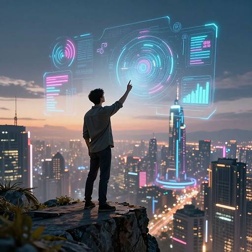 Silhouetted man stands on rooftop, pointing at futuristic neon cityscape with holographic interface, sunset sky, and city lights below.