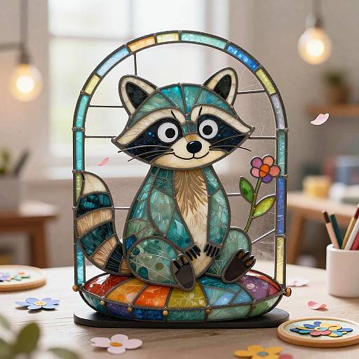 Colorful stained glass raccoon figurine with flower, seated on multicolored base, in bright kitchen with blurred background and hanging lights.