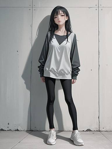 Young Woman in Casual Streetwear Against Light Wall