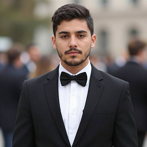 Photograph of a handsome young man with dark hair and beard, wearing a black tuxedo with bow tie, standing in a blurred outdoor crowd.