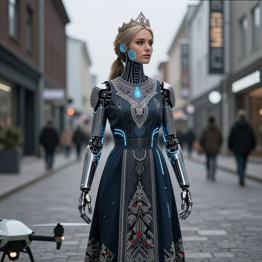 Photorealistic digital image of a robotic woman with a crown, intricate black dress, glowing blue accents, standing on a blurred city street.