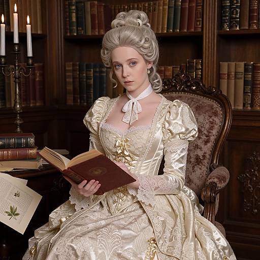 Photorealistic digital artwork of a pale-skinned, silver-haired woman in an ornate, gold satin 18th-century dress, reading a book