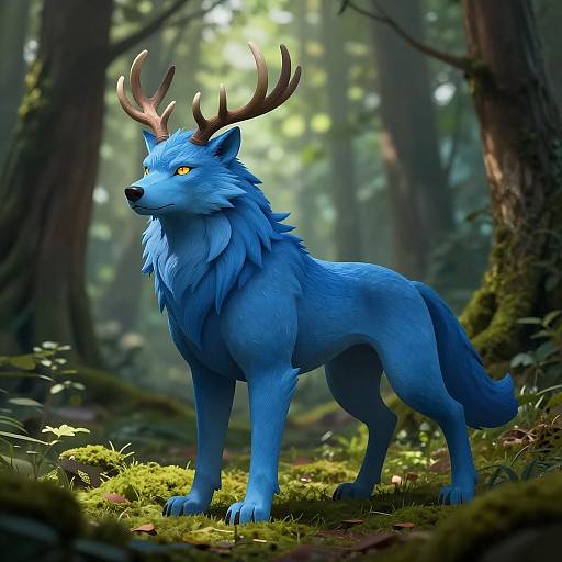 Digital artwork of a vivid blue wolf with large antlers standing in a sunlit, dense forest, surrounded by moss and greenery. The wolf's