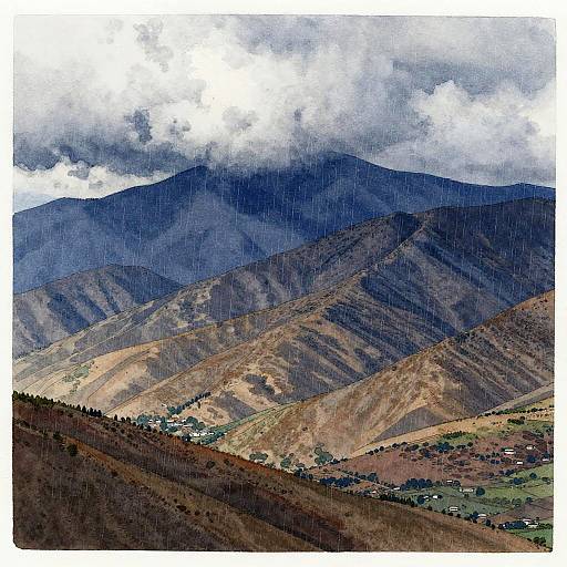 Photograph of a mountainous landscape with dark, cloudy skies above rolling brown and green hills, scattered houses in the valley below, and a textured,