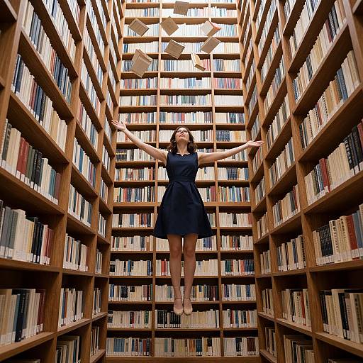 Photograph of a woman in a black dress floating between tall wooden bookshelves in a library, arms raised, with golden paper cutouts above her