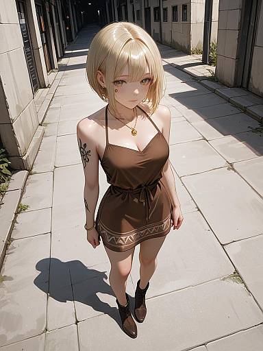 Blonde Woman in Brown Fitted Dress in Urban Alley