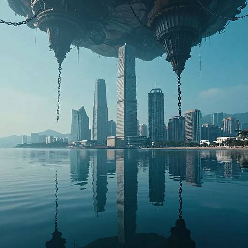Photograph of a modern city skyline reflected in calm water, with a large, ornate overhead structure and chains in the foreground.