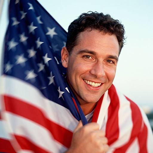 Photograph of a smiling, dark-haired man holding an American flag, with bright sunlight highlighting his face and flag's stars and stripes.