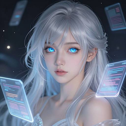 Digital CGI artwork of a beautiful, ethereal, white-haired woman with glowing blue eyes, surrounded by floating neon blue holographic screens.