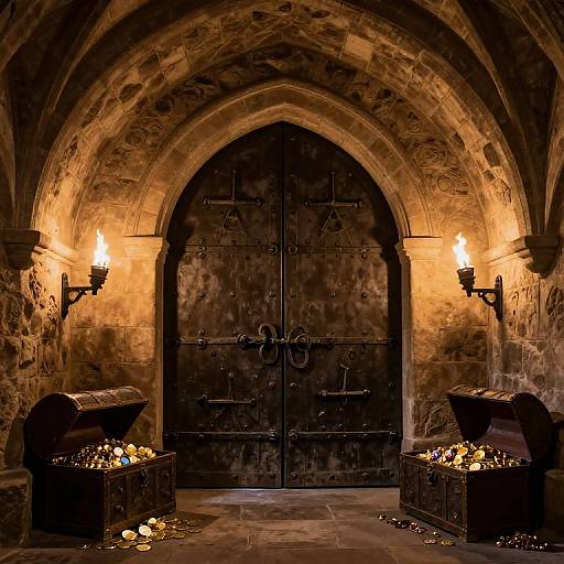 Photograph of a dimly lit, medieval stone crypt with a large, arched wooden door, flanked by candle-lit sconces,