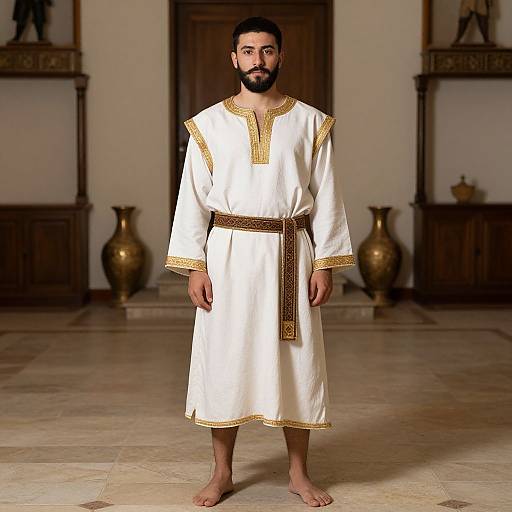 Photograph of a bearded man with dark hair, wearing a white tunic with gold trim and brown belt, standing barefoot in a room with