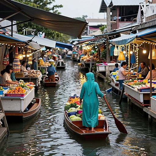 Photograph of a vibrant floating market at dusk, featuring a woman in a turquoise hooded dress paddling a wooden boat filled with colorful fruits, surrounded