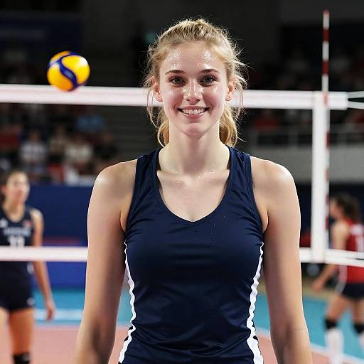 Smiling Female Volleyball Player in Indoor Stadium