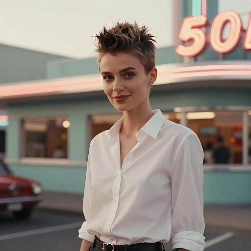 85mm Portrait of Flirting Woman Outside Diner