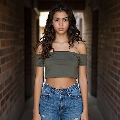 Photograph of a young woman with long, wavy brown hair, wearing an off-shoulder olive green crop top and high-waisted blue