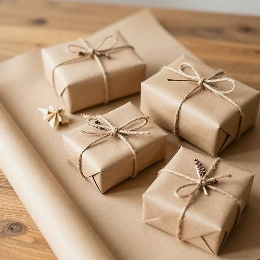 Photograph of five small, rectangular, brown kraft paper gifts with simple twine bows, arranged on a wooden surface and brown parchment paper.