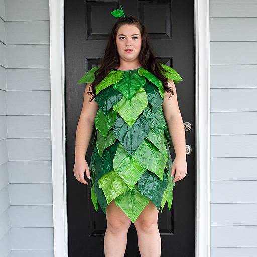 Photograph of a plus-sized woman with long dark hair, wearing a green leaf costume, standing in front of a black door.