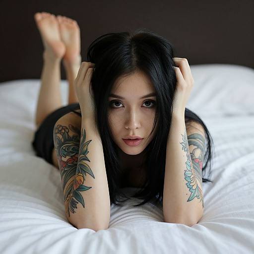 Photograph of a young woman with long black hair, lying on a white bed, arms raised, showcasing colorful floral tattoos on her arms and shoulders,