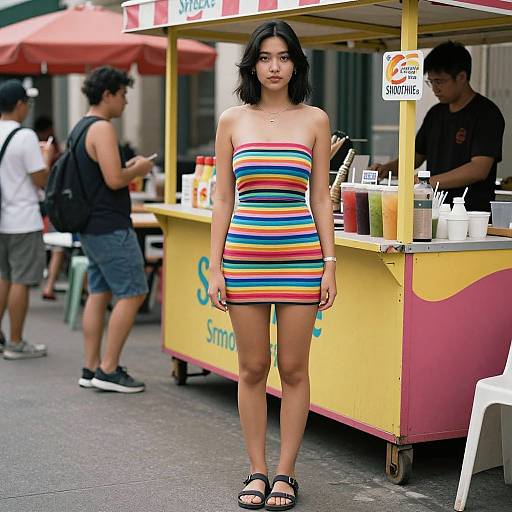 Photograph of an Asian woman with shoulder-length black hair, wearing a colorful striped strapless dress and black sandals, standing in front of a street food