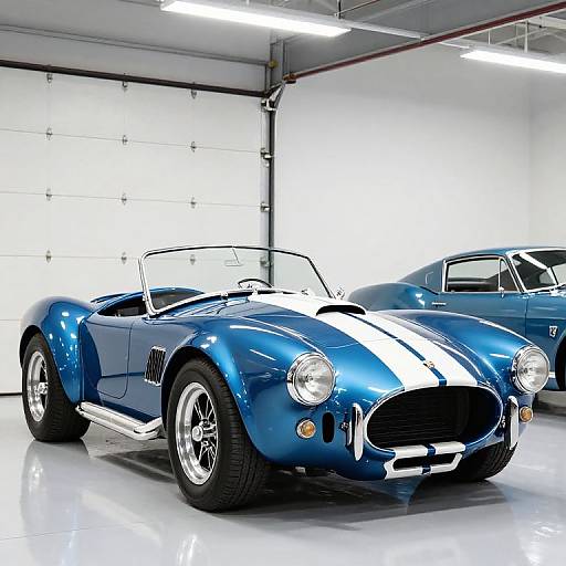 Photograph of a shiny blue vintage convertible sports car with white racing stripes, parked in a bright, white-walled garage next to a similar car.