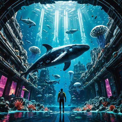 Futuristic Underwater City with Whale and Diver