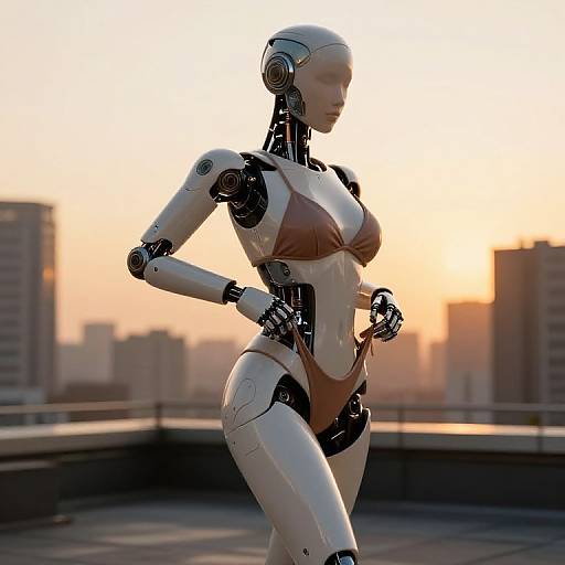 Photorealistic CGI of a sleek, white female robot with brown bikini, standing in profile on rooftop at sunset, cityscape background.