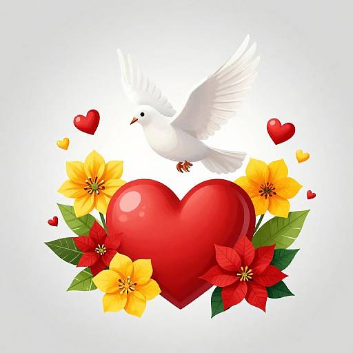 Digital illustration of a white dove mid-flight, above red heart surrounded by yellow and red flowers, green leaves, and small red hearts.